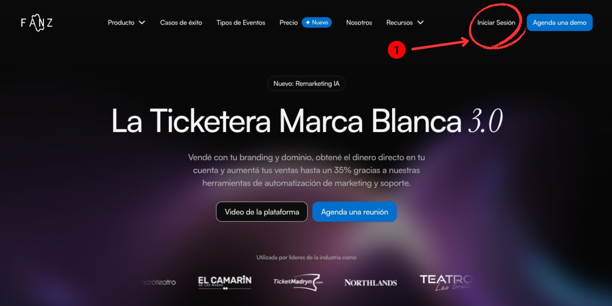 IMAGEN DE LA HOMEPAGE DE FANZ CON BOTÓN DE INICIAR SESIÓN