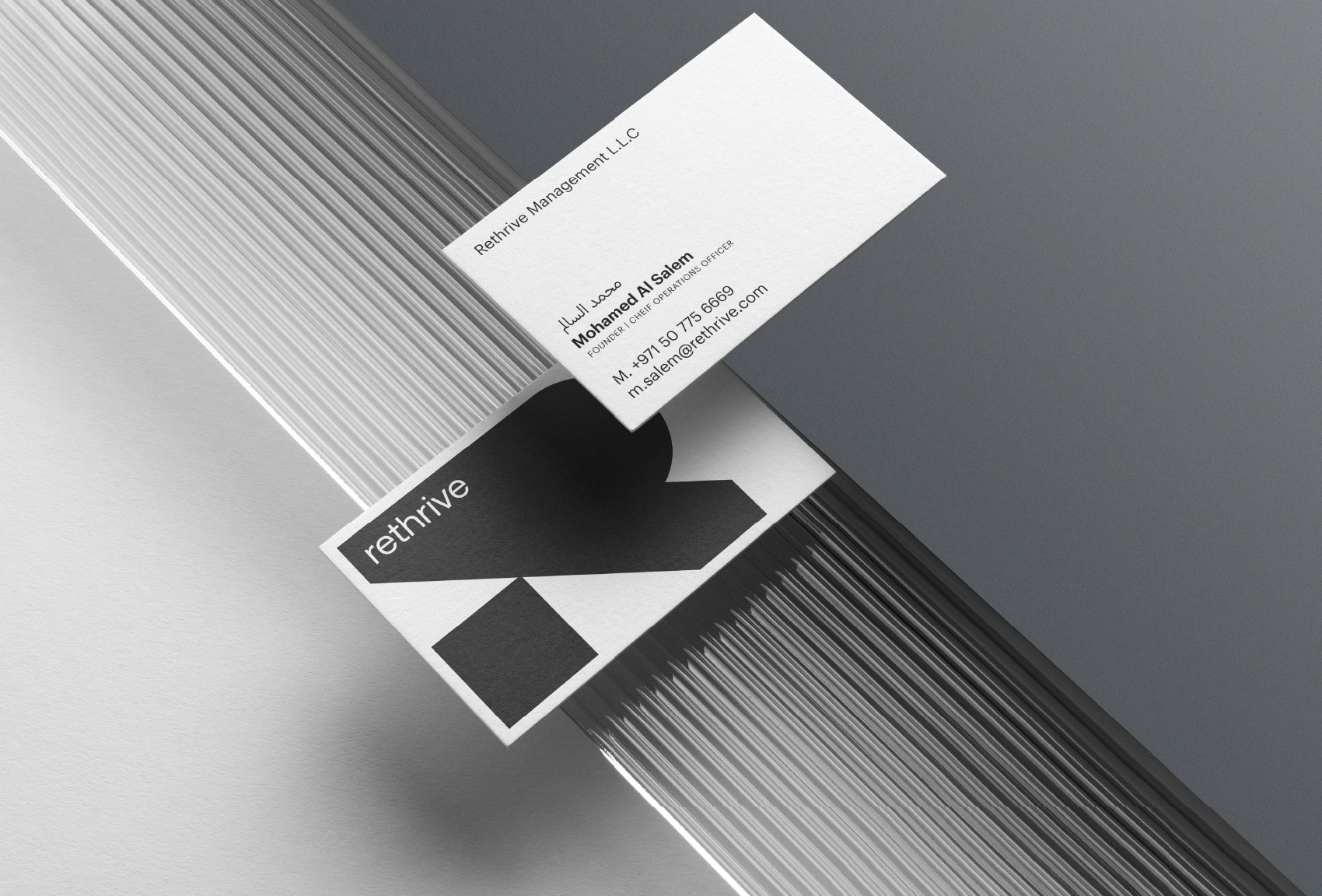 Rethrive, UAE Dubai business card mockup design identity