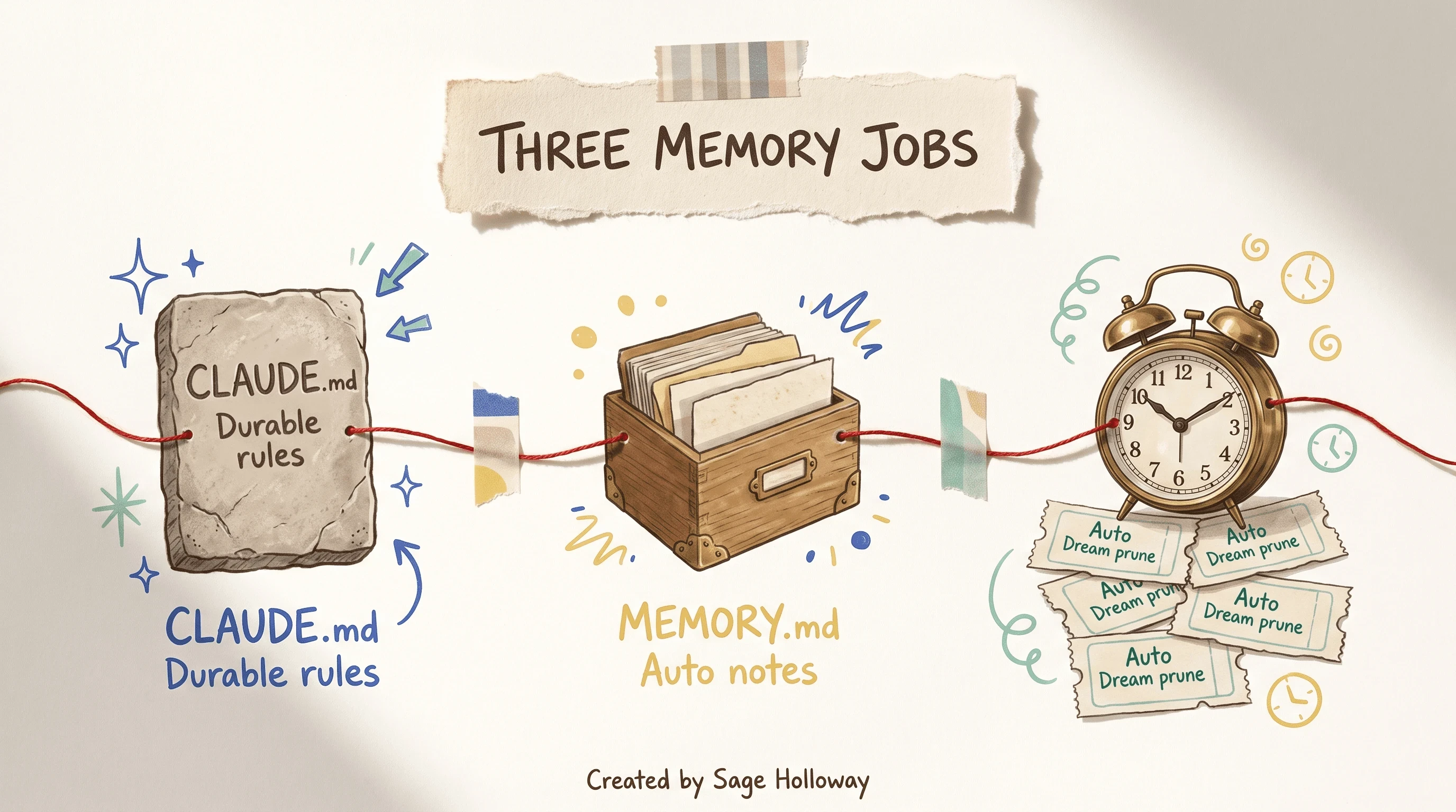Scrapbook diagram of Claude Code memory layers showing CLAUDE.md, auto MEMORY.md, and Auto Dream consolidation