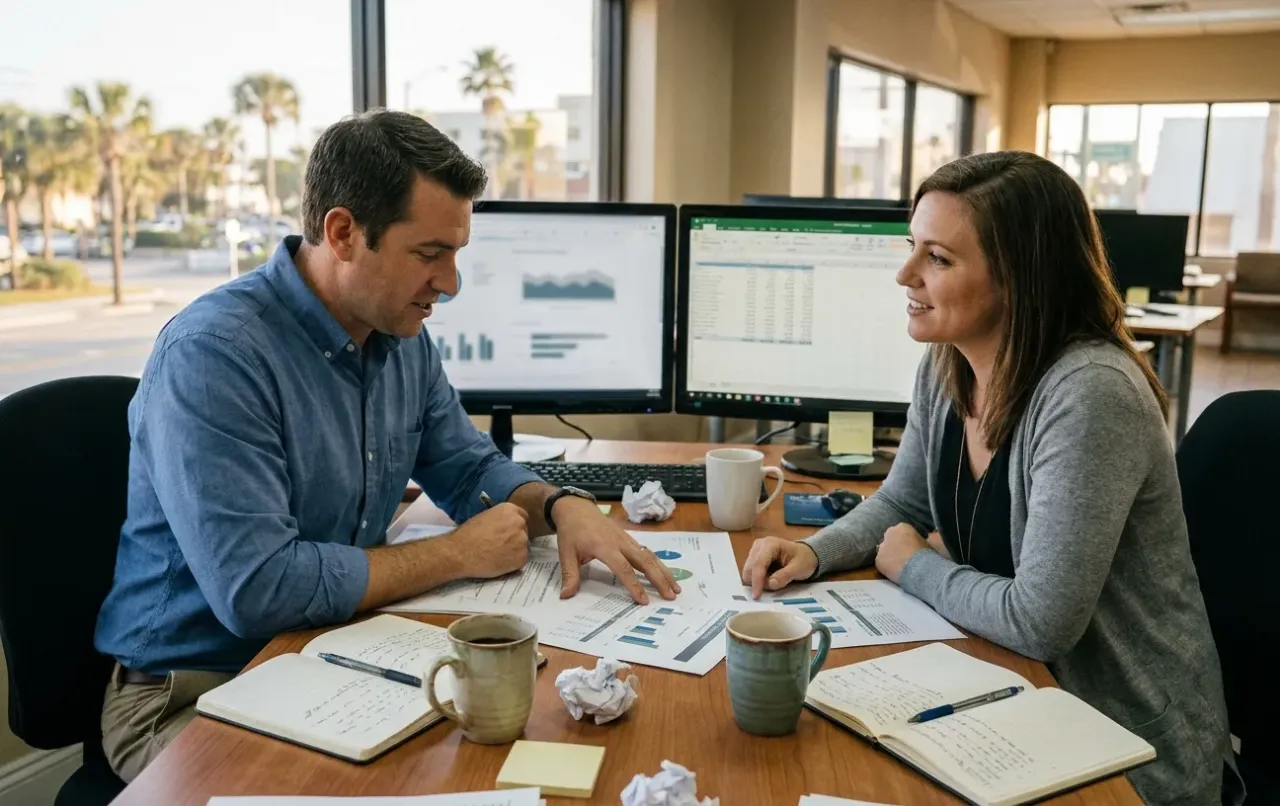 A man and woman sitting at a table with a laptop