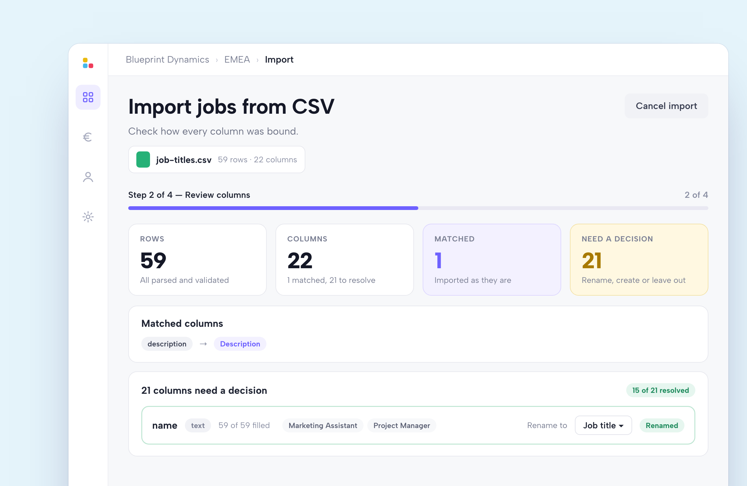 Illustration of importing job titles and pay data from a CSV file in SkillsTrust