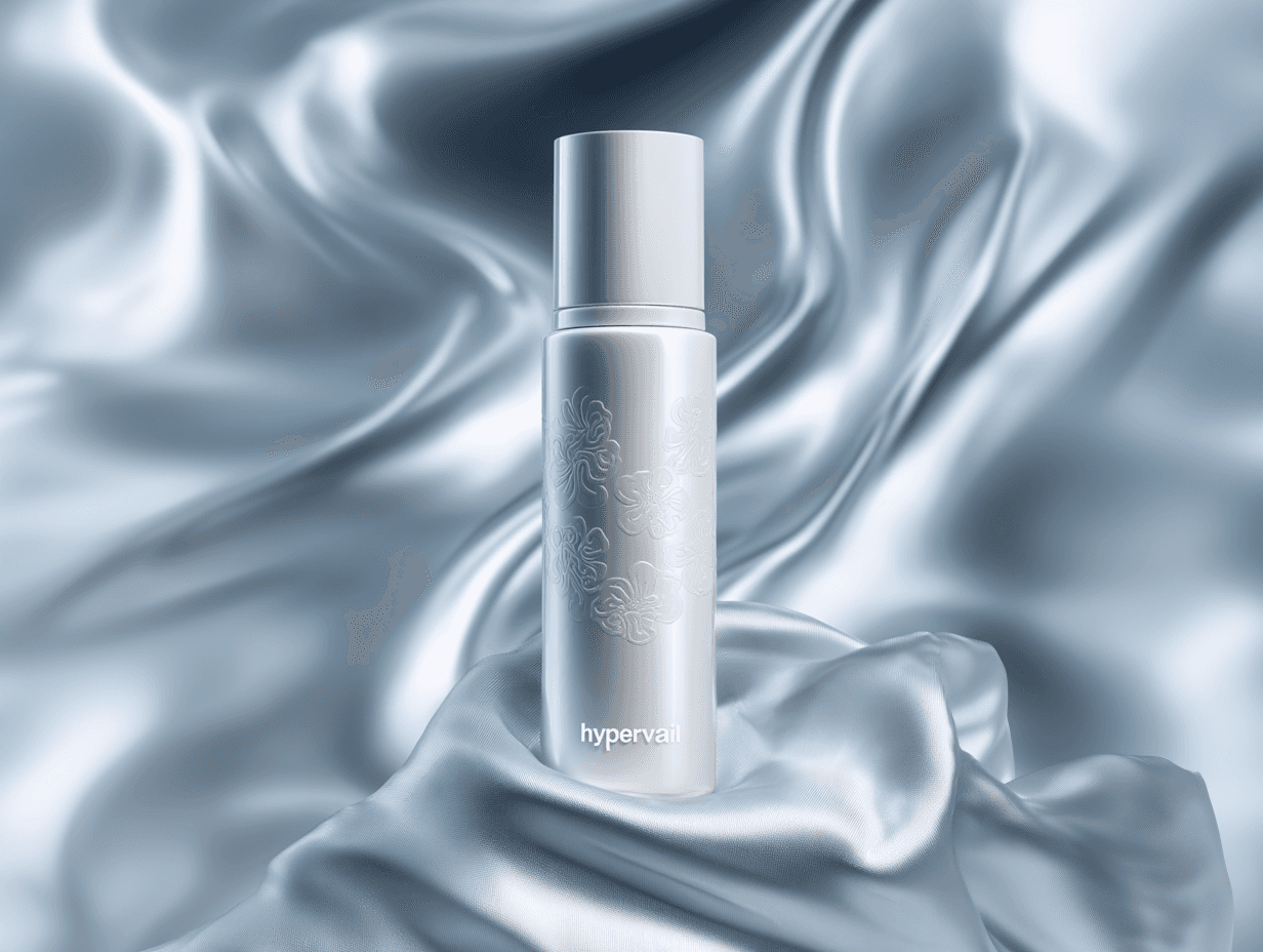 Elegant white "hypervail" spray bottle with floral details on silver-blue satin.