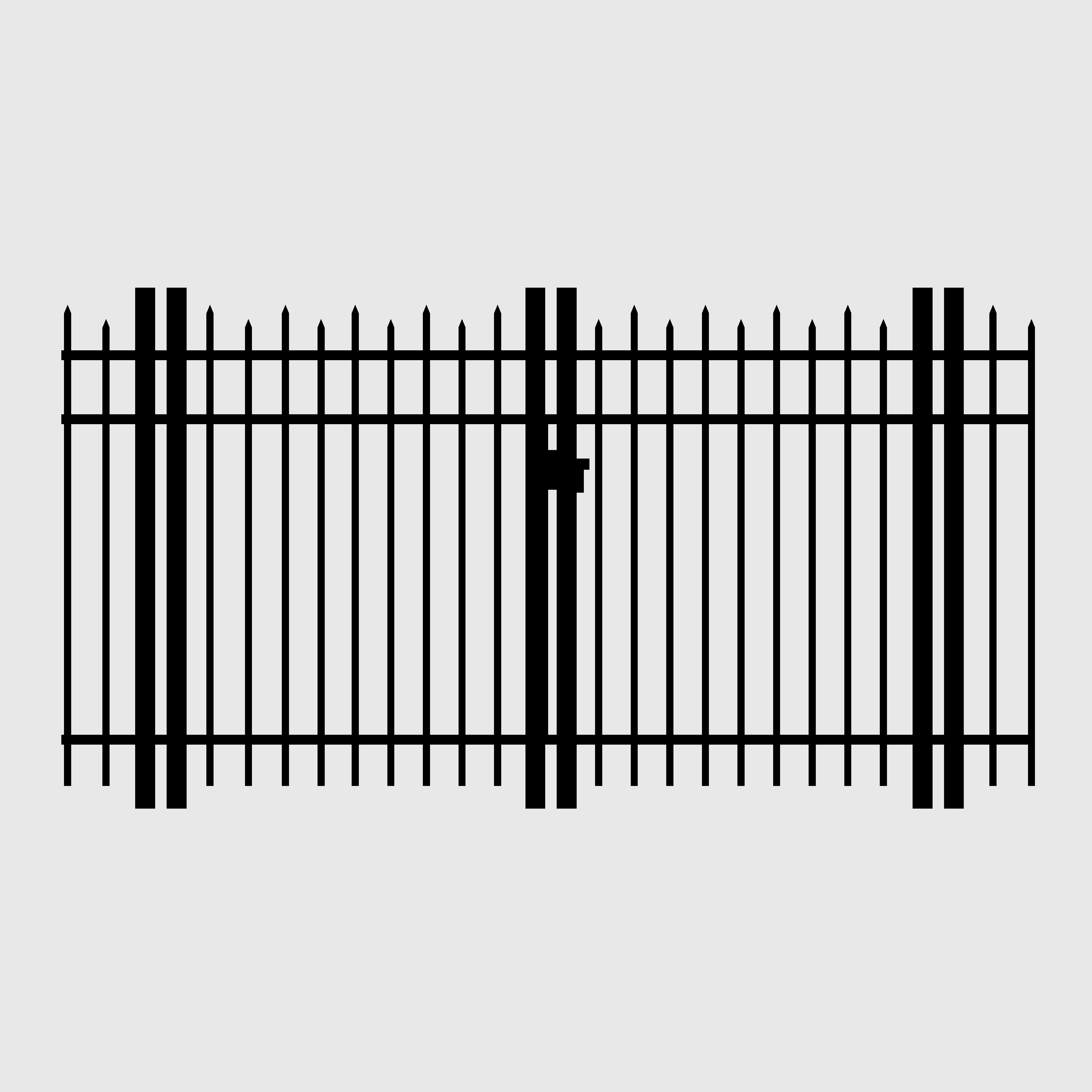 Black-and-white illustration of a straight aluminum double drive gate with staggered spear-top pickets.