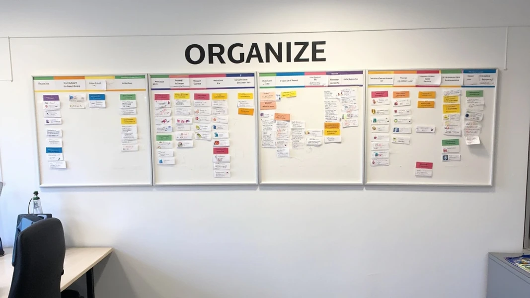 Wide shot of an office wall with a large, customized Kanban board displaying color-coded columns and task cards with icons, and there's written "ORGANIZE" with large bold font on the top of the board.