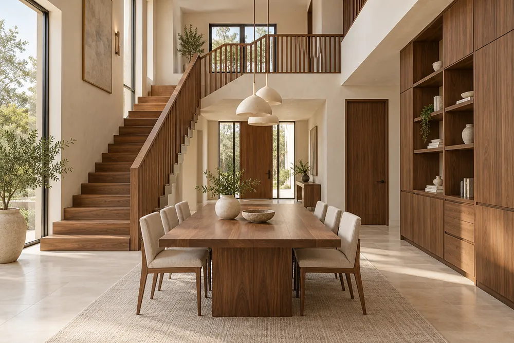 Referencia ilustrativa de carpintería integral con escalera, comedor, puertas y almacenamiento de madera en una residencia.