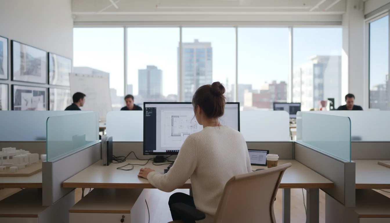 DSLR photograph of a modern architecture studio, view from behind a person working at a workstation cubicle. The space is filled with bright, natural daylight from large windows in the background. Light wood floors, white and metal desks with frosted translucent privacy dividers. The focus is sharp on the person in the foreground, seated on a tan chair, with the background figures blurred in a soft bokeh.