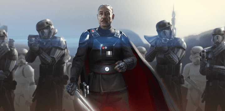 A heroic figure in a blue costume and cape stands confidently, flanked by armored soldiers in a dramatic setting.