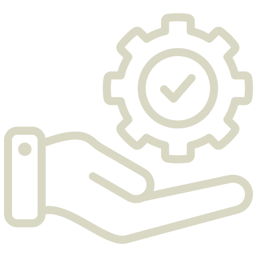 Hand holding a gear with a check mark icon representing technical support, maintenance services, system management, and reliable solutions.