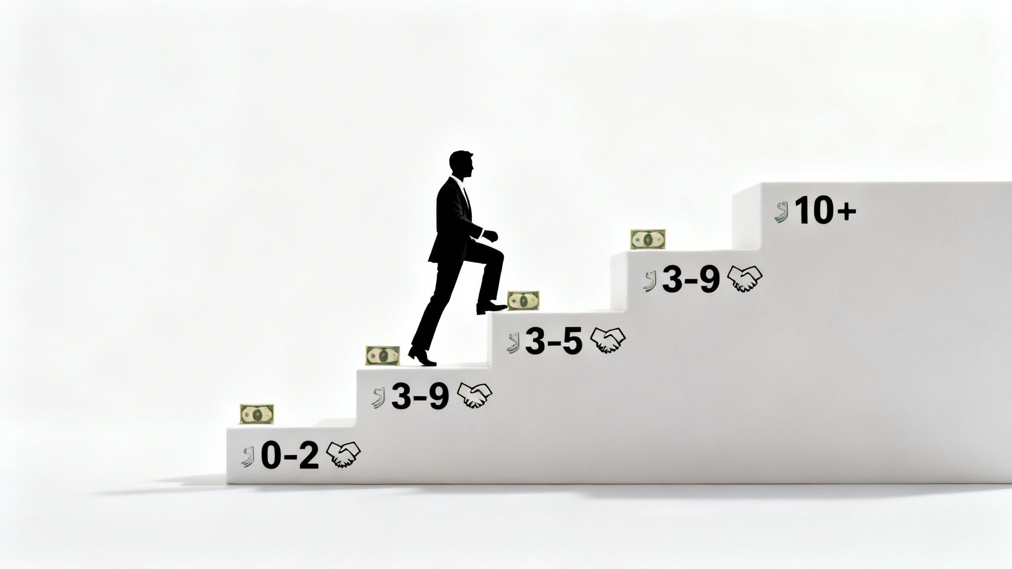 Silhouette of a businessman climbing a staircase, symbolizing career progression and financial growth with money.