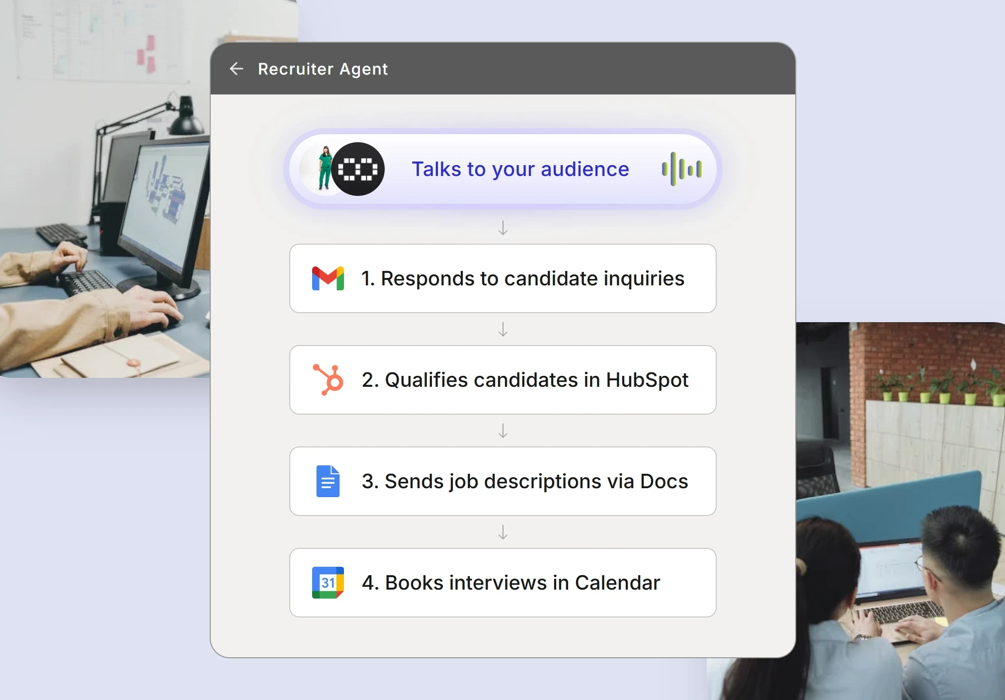 Recruitment workflow showing AI agent qualifying candidates and booking interviews