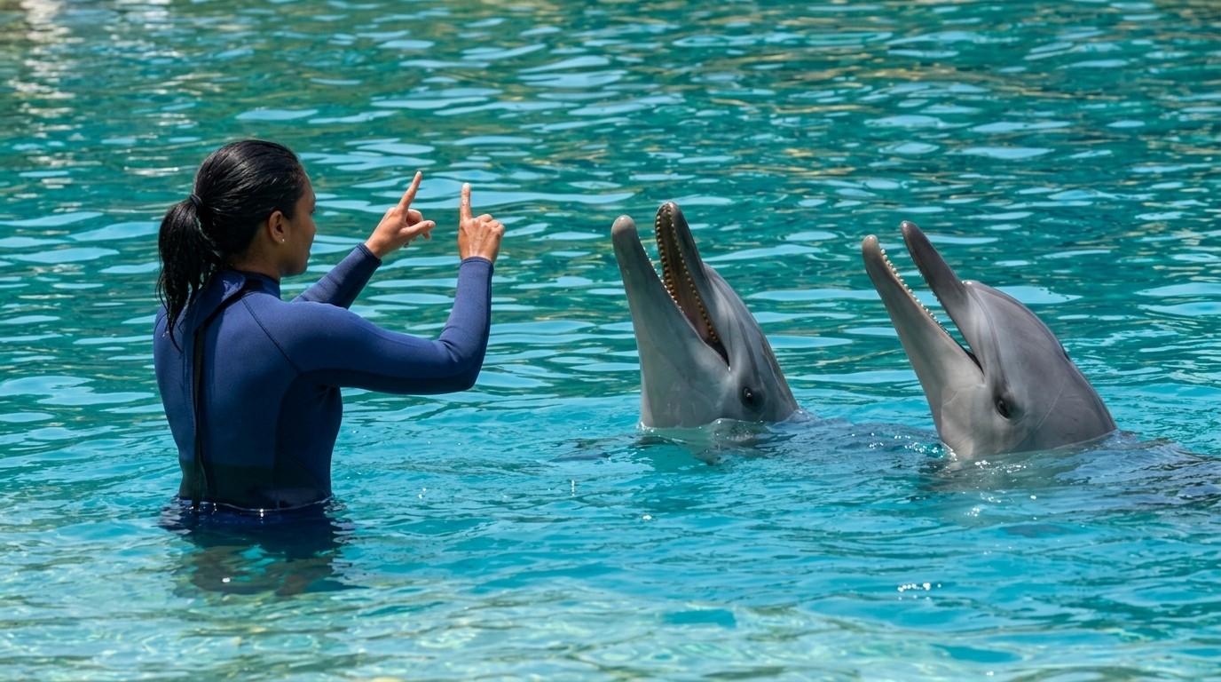 Woman in a blue wetsuit signaling to two dolphins in clear water