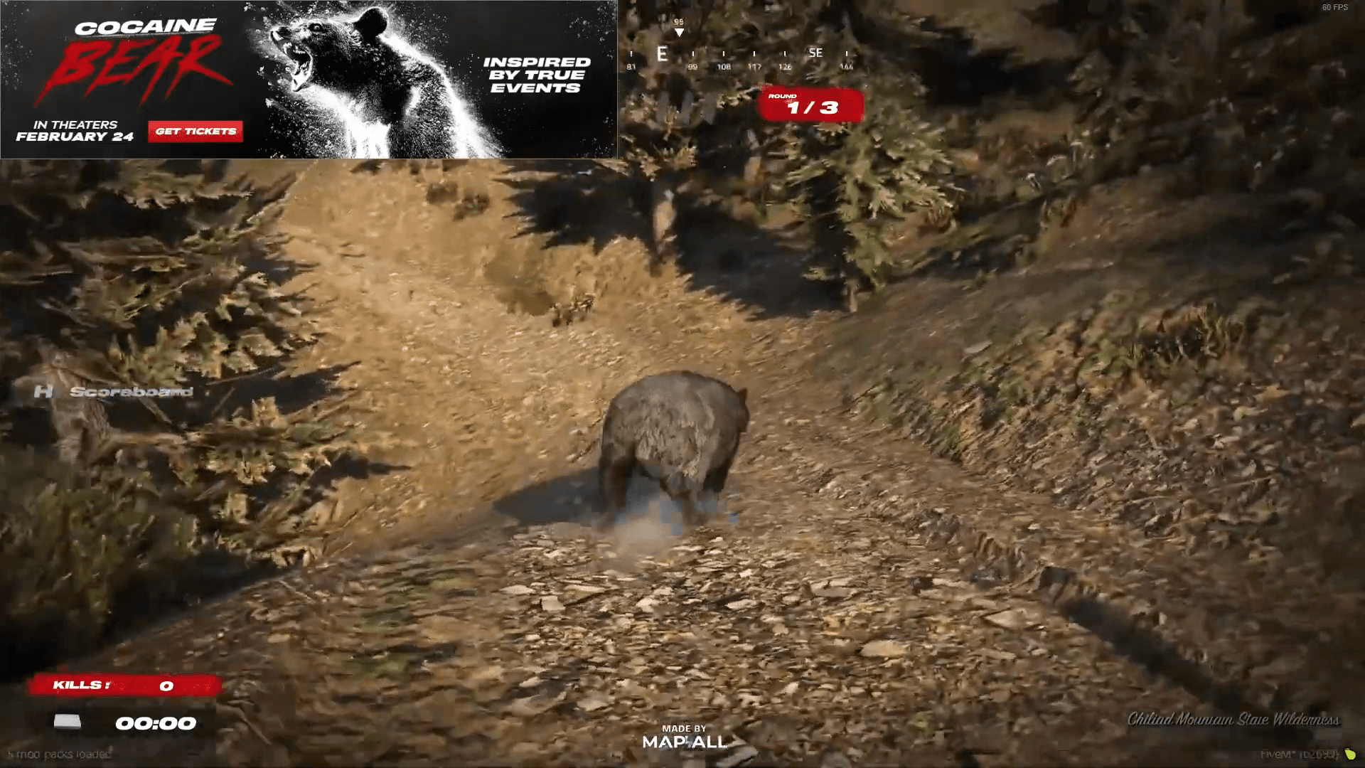 Buddha’s stream shows the bear charging down a forest trail in the Cocaine Bear GTA V minigame
