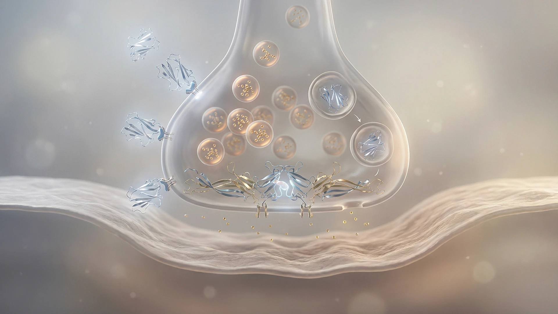 Mecanismo de ação da toxina botulínica na junção neuromuscular, bloqueando a liberação de acetilcolina e reduzindo a contração muscular na estética facial