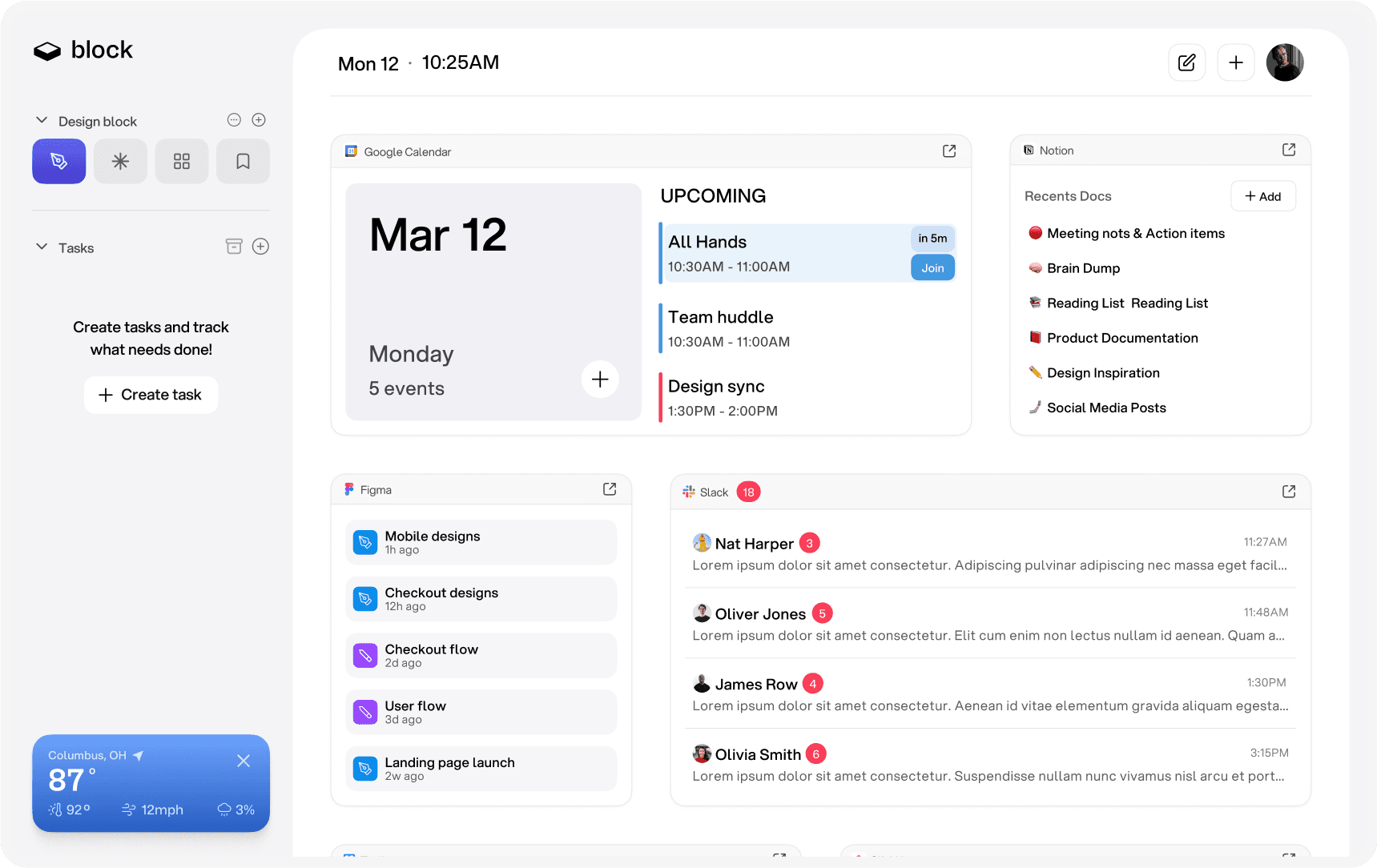 Dashboard of productivity app