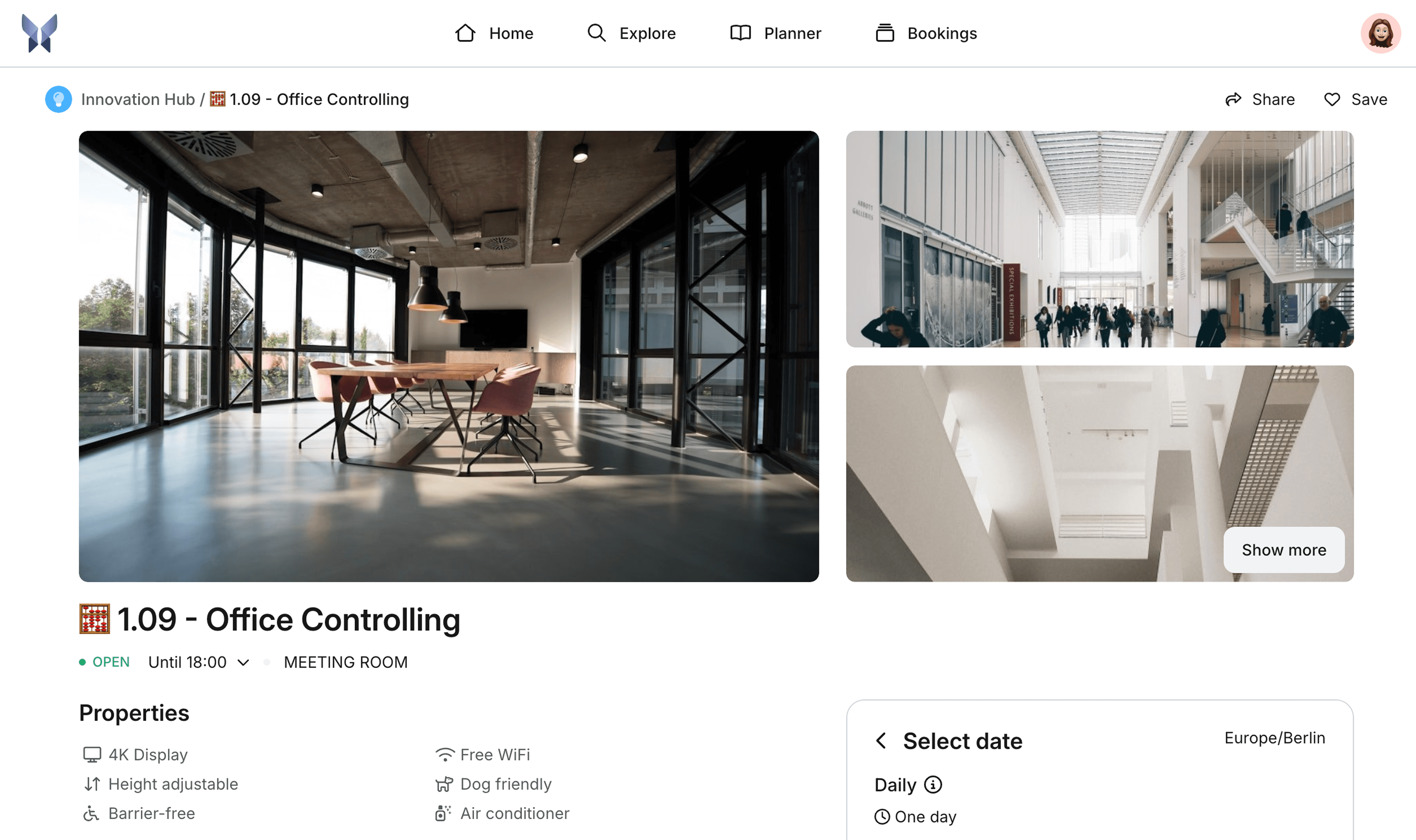 Booking page for a room in the Coworking Office