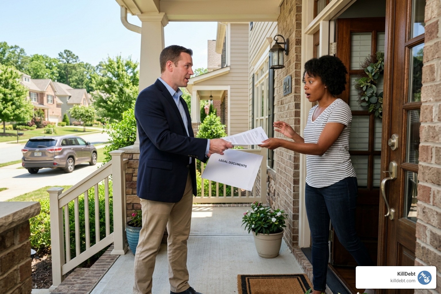 A process server delivering legal documents to a defendant