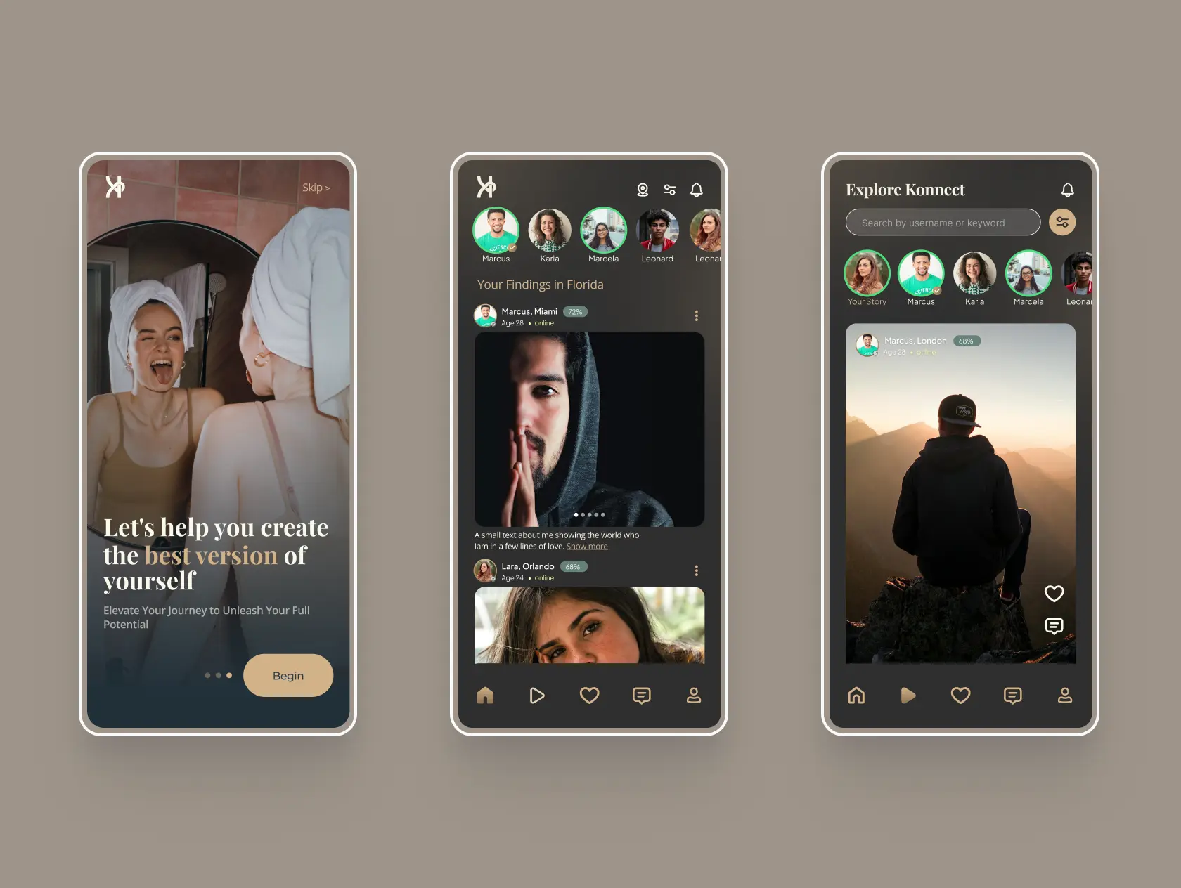 Konnect mobile app screens showing onboarding, social discovery, and profile feed interfaces
