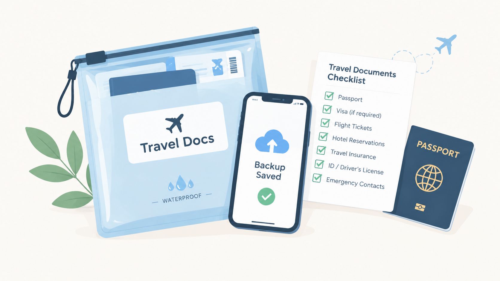 A travel document bag, smartphone with cloud backup, checklist, and passport illustrating essential international travel preparations.