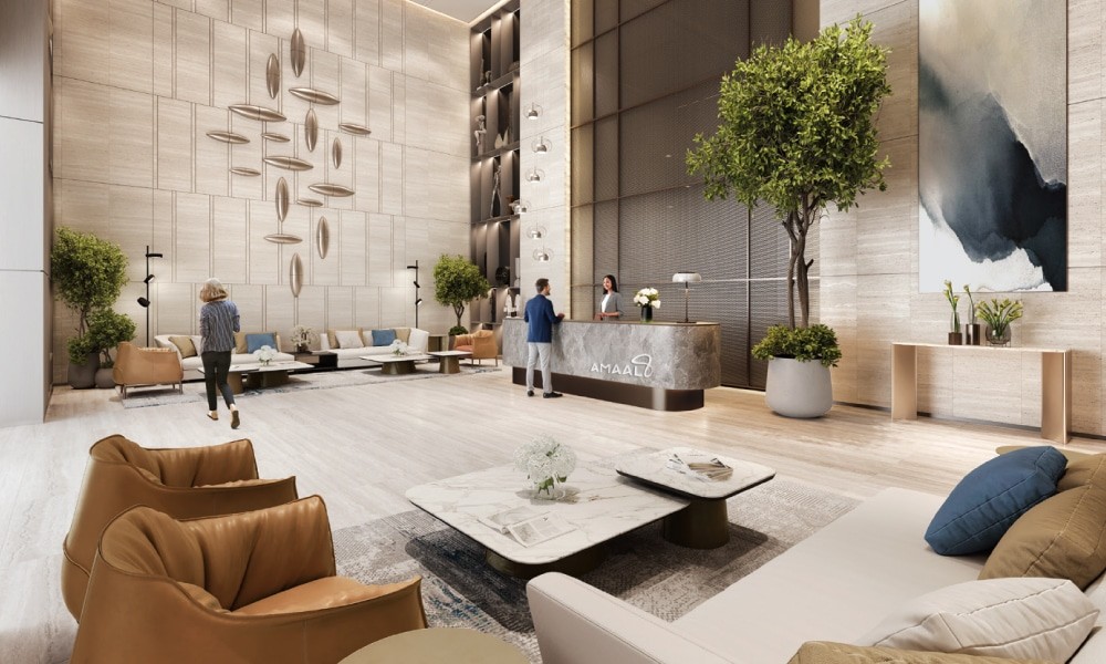 Sophisticated living room of a luxury apartment at Mansory Residences, with expansive city views.