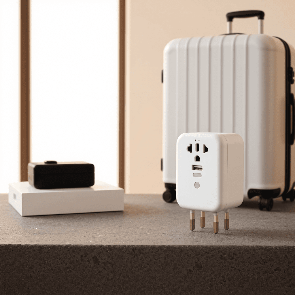 product photography of universal travel adapter