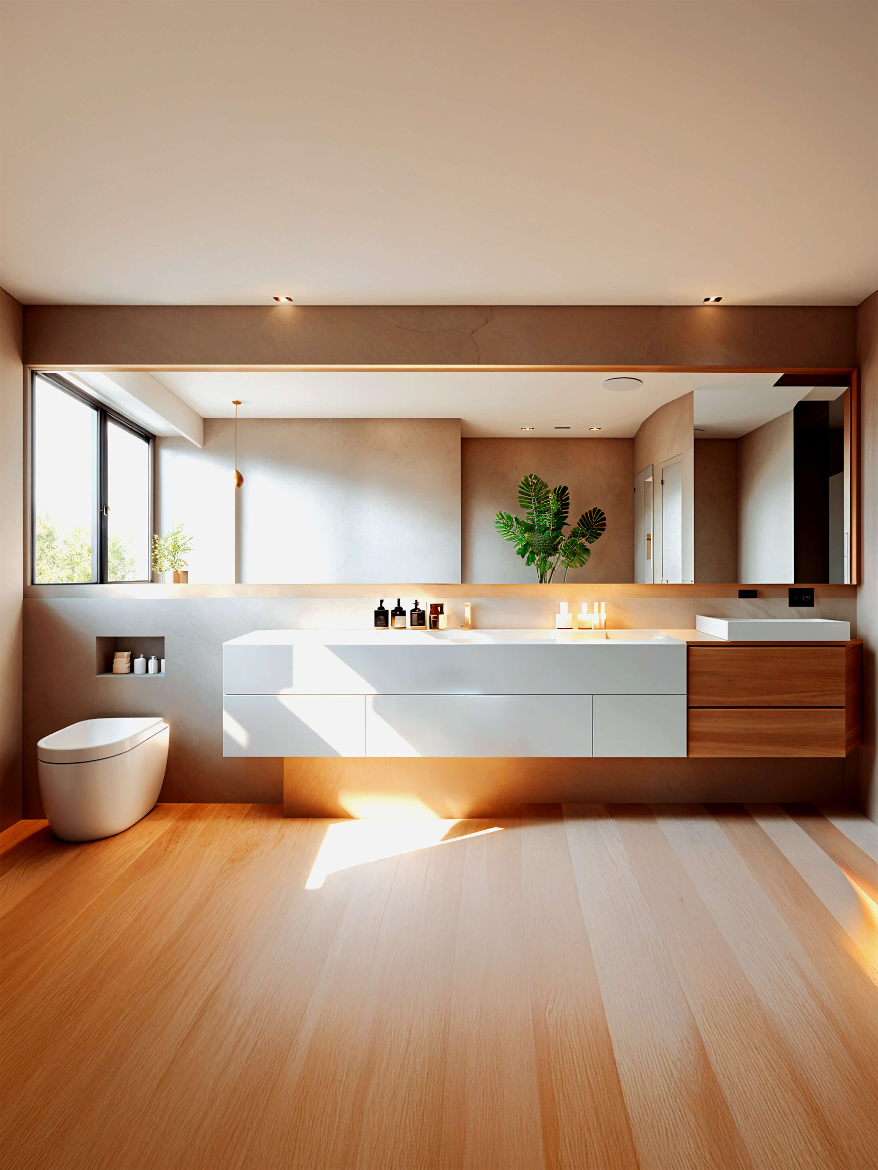 Modern Florida condo bathroom with floating vanity, warm wood finishes, large mirror, and natural light creating a calm, refined space.