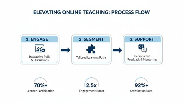 Process flow for elevating online teaching, detailing engage, segment, and support steps with outcomes.