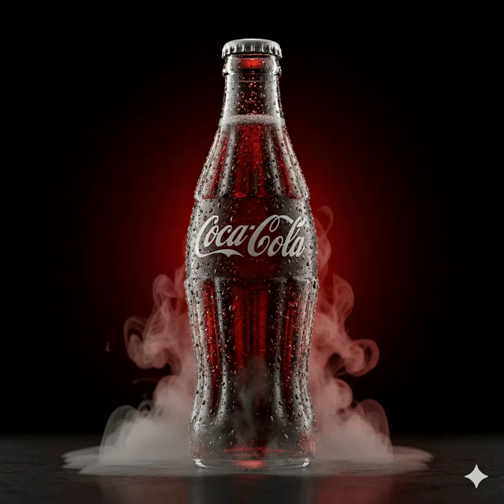 AI-generated Coca-Cola premium beverage advertisement featuring frosted red glass bottle with dramatic red background and atmospheric effects, demonstrating high-impact commercial product photography by Mahendra