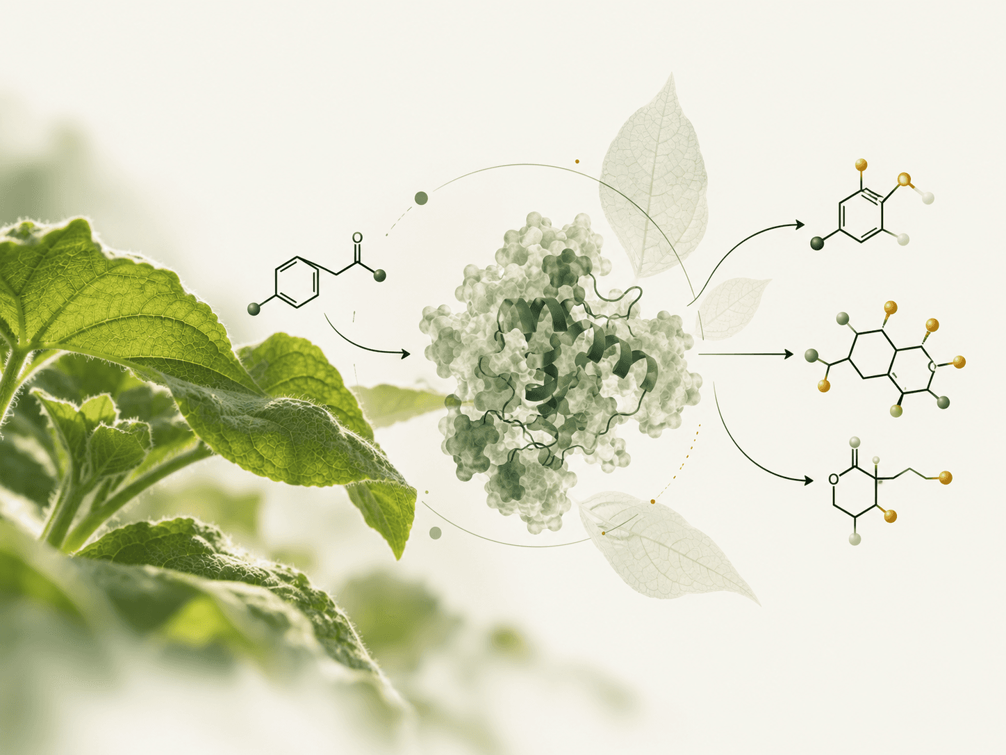 Illustration of an enzyme and molecular products in plant metabolism