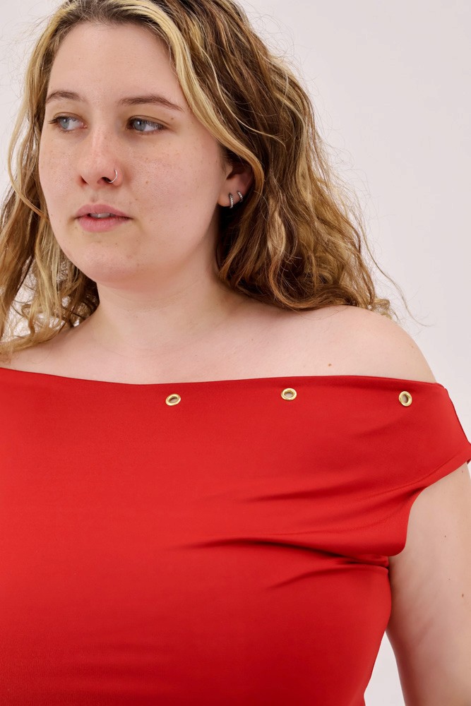 close-up female model wearing red shirt