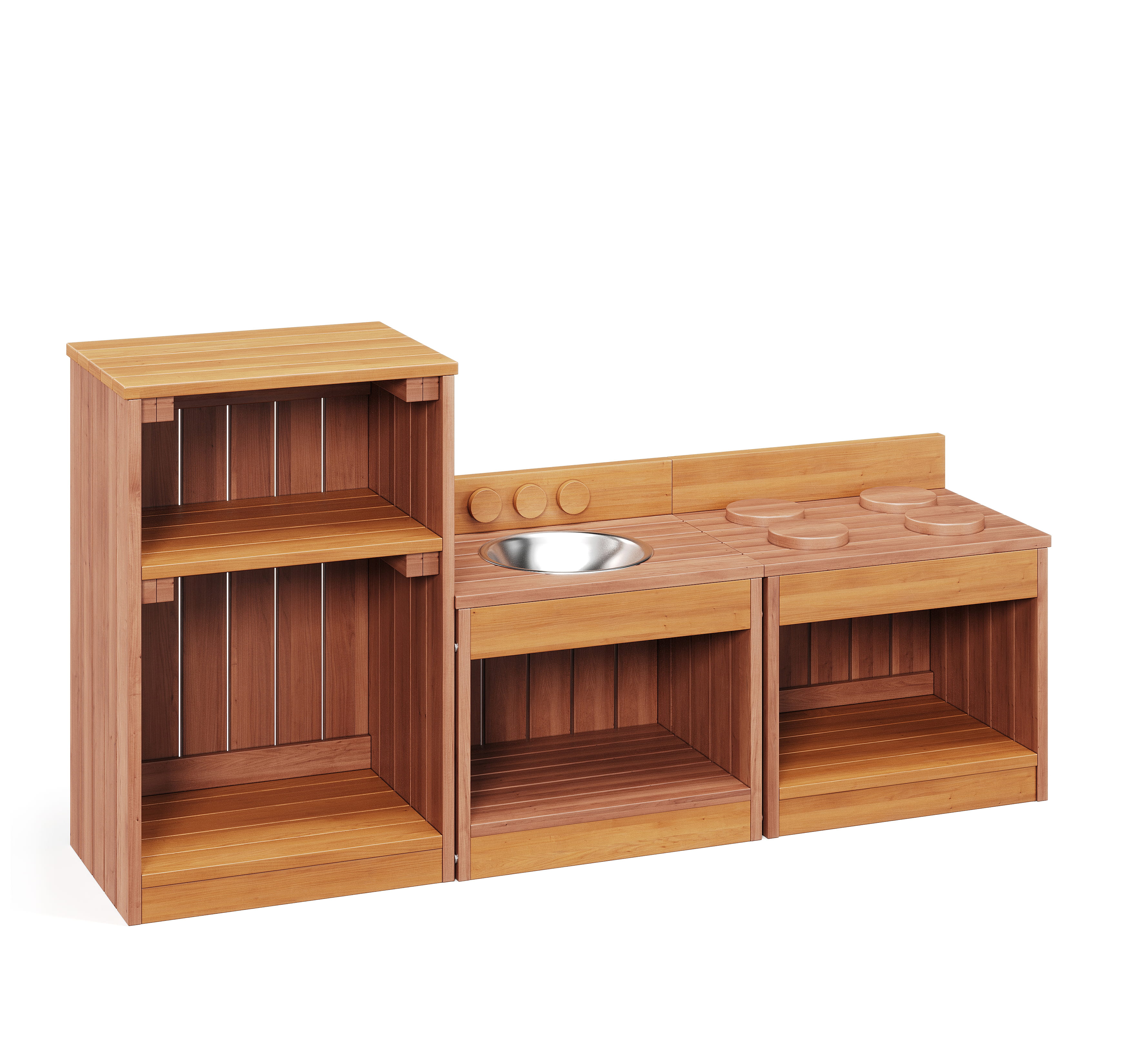 3D render of modular wooden kitchen set with sink unit and storage compartments