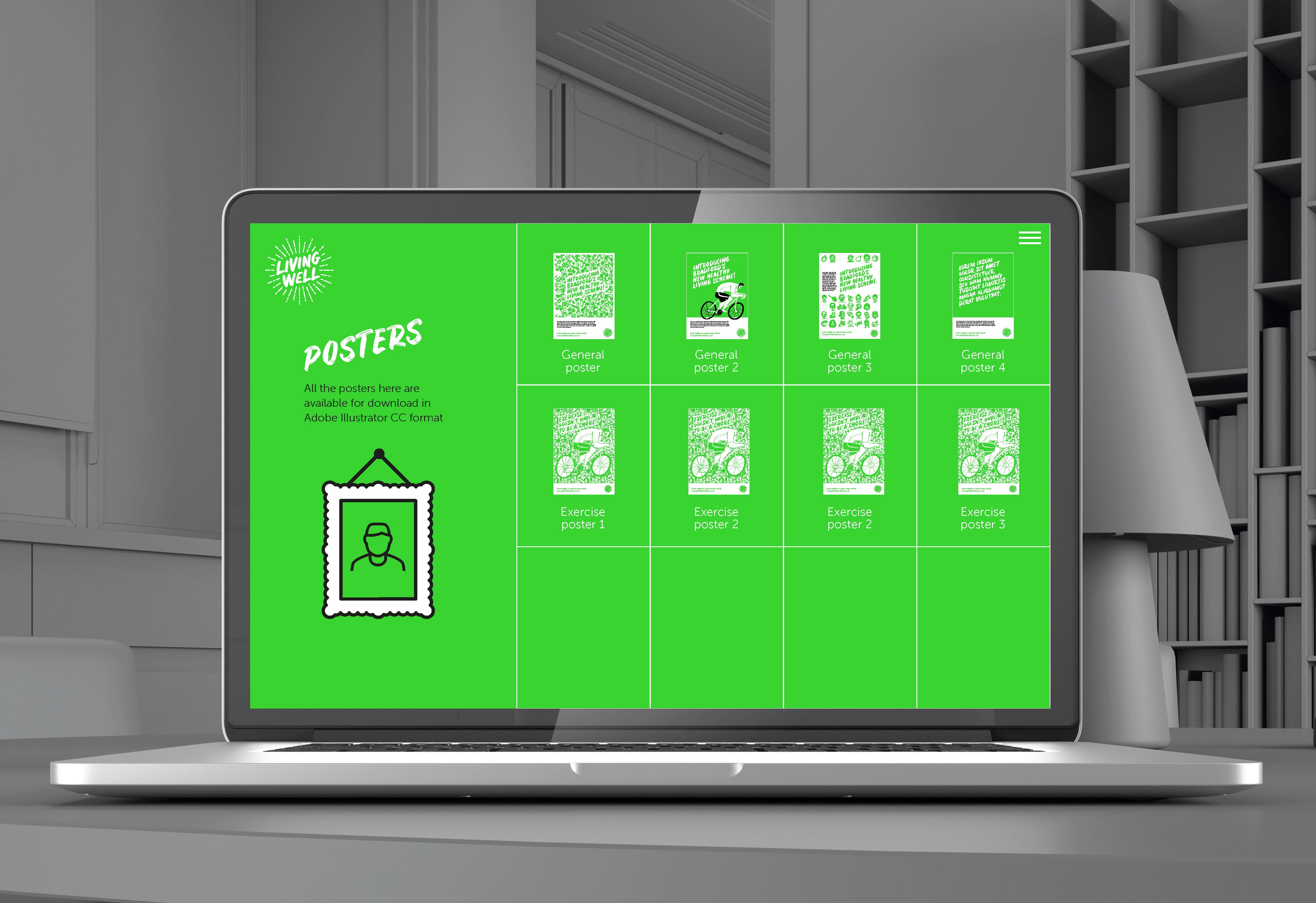 Living Well Toolkit on laptop posters