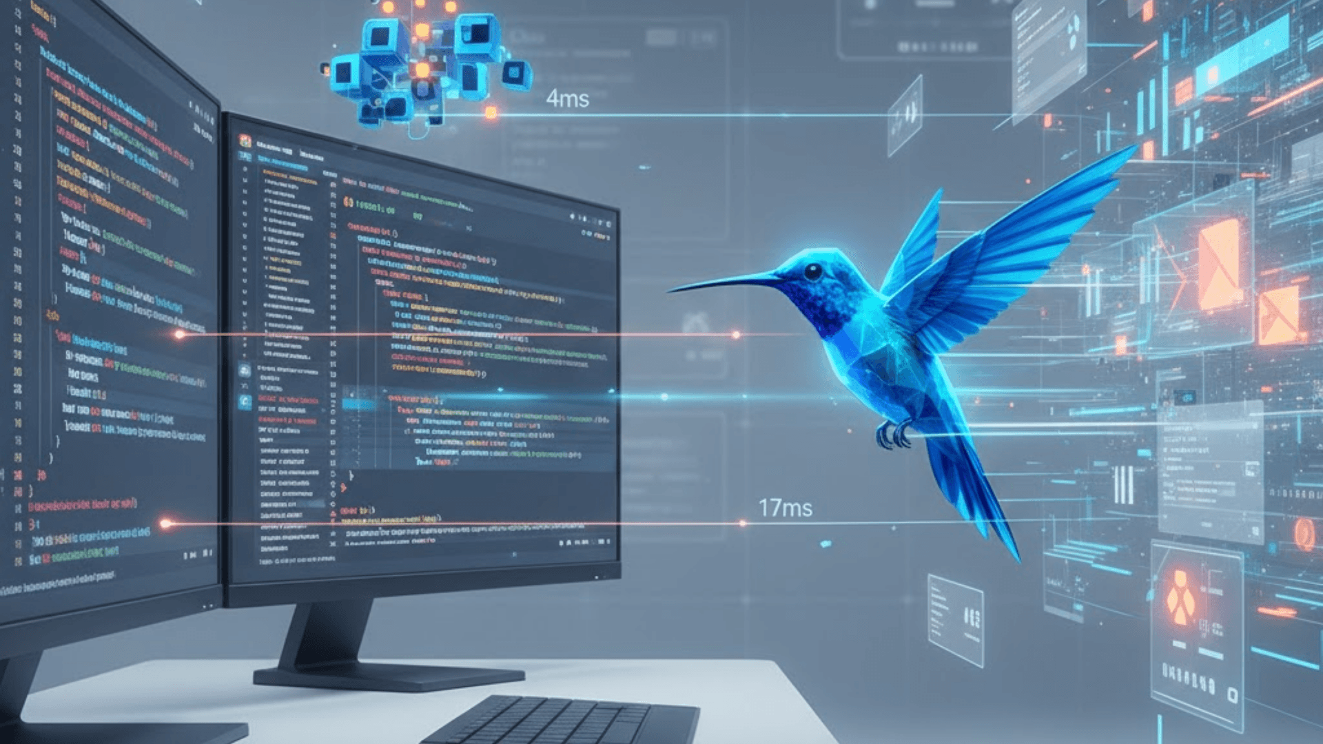 A futuristic SaaS tech illustration in a 1920x1080 landscape format, showcasing high-performance software engineering. On the left, a developer workspace features dual monitors displaying code, connected to floating blue geometric cubes representing a Redis database with a "4ms" latency marker. A vibrant blue hummingbird in the center symbolizes speed and precision, flying toward a "17ms" frame-rate target. The right side is filled with abstract, glowing UI panels and motion lines against a clean grid background, conveying instantaneous feedback and developer delight.