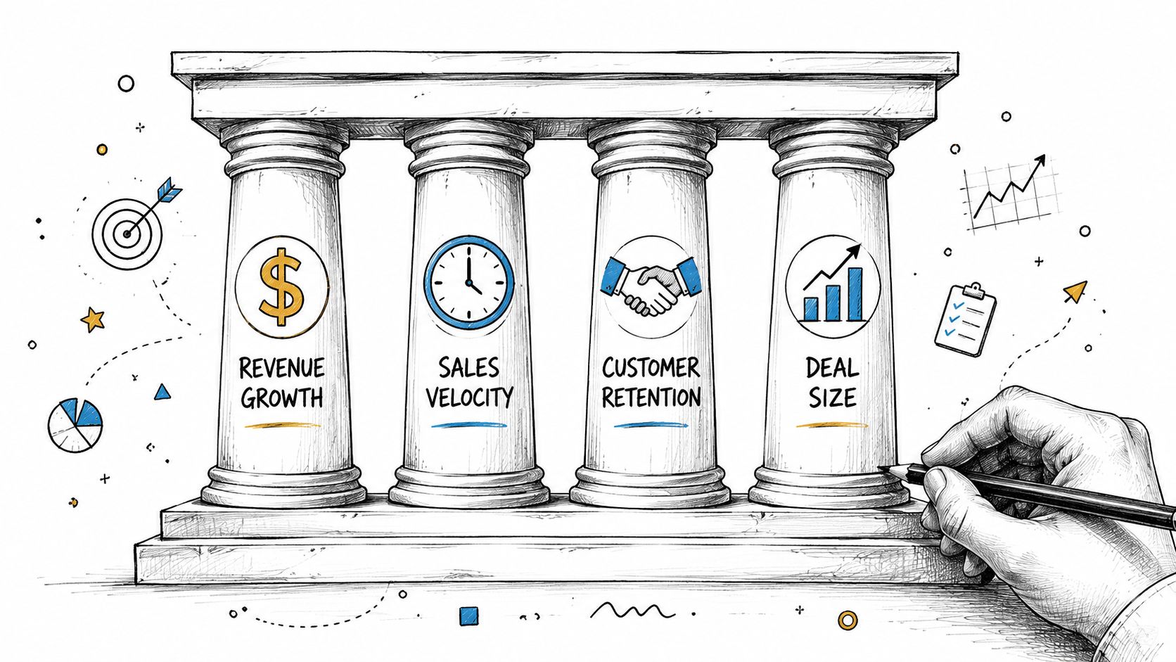 A hand drawing four pillars representing business performance metrics including revenue growth, sales velocity, customer retention, and deal size.