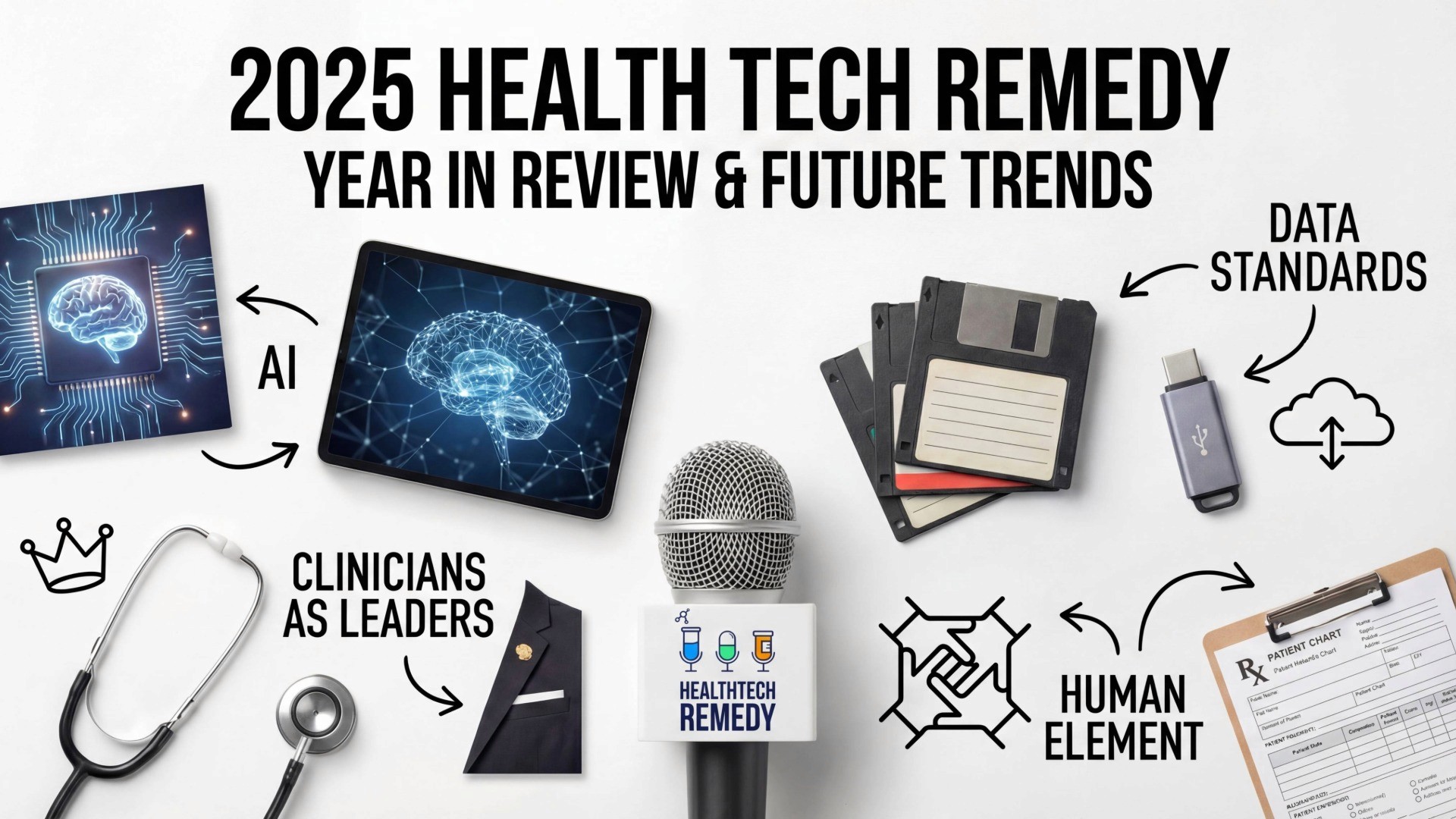 Thumbnail with the text "2025 health tech remedy year in review & future trends" with images of synthetic brains, floppy disks, blash drives, a stethescope, a mic, and a clipboard.