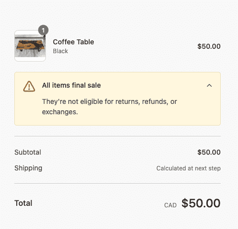 Shopify-Checkout mit individuellem Banner, dass alle Artikel vom Umtausch und von Rückgabe ausgeschlossen sind