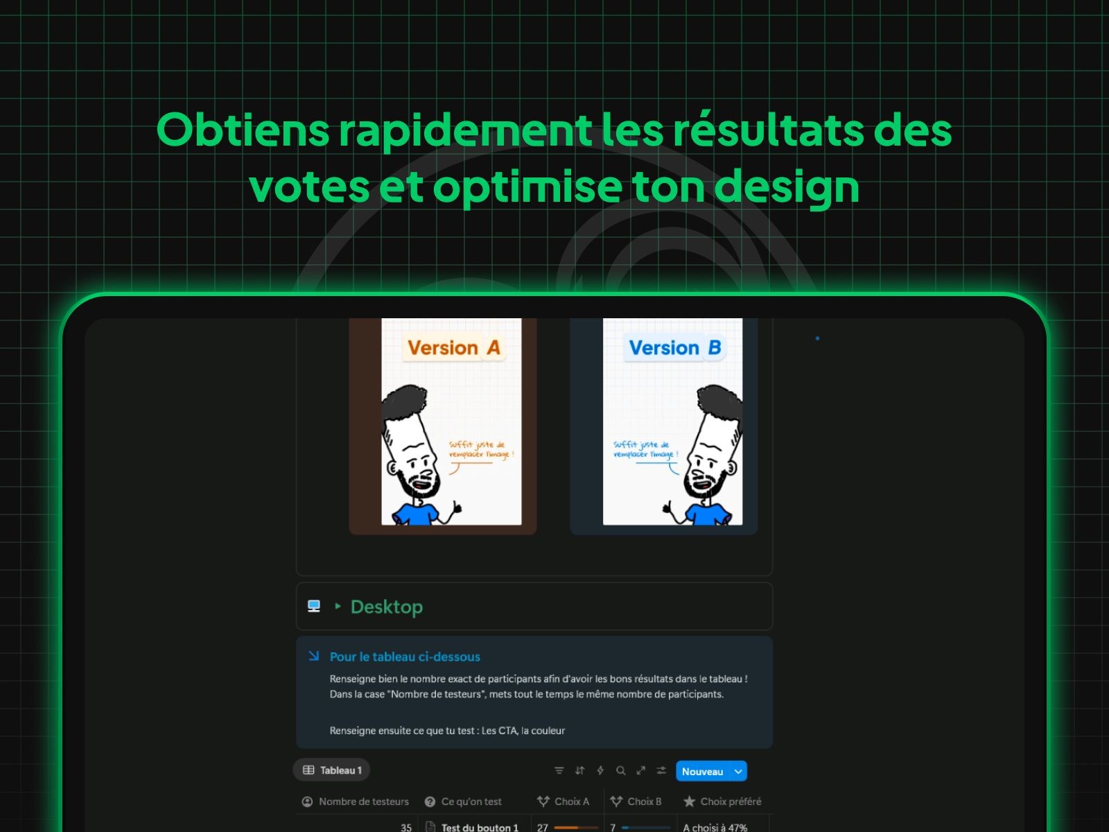 Présentation de la template A / B Testing créée par Ilies MANATA freelance Ux / Ui Designer et Développeur Framer
