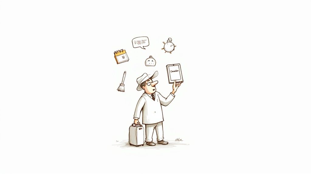 Illustration of a man juggling various items like a calendar, alarm clock, and tablet, representing busy tasks.