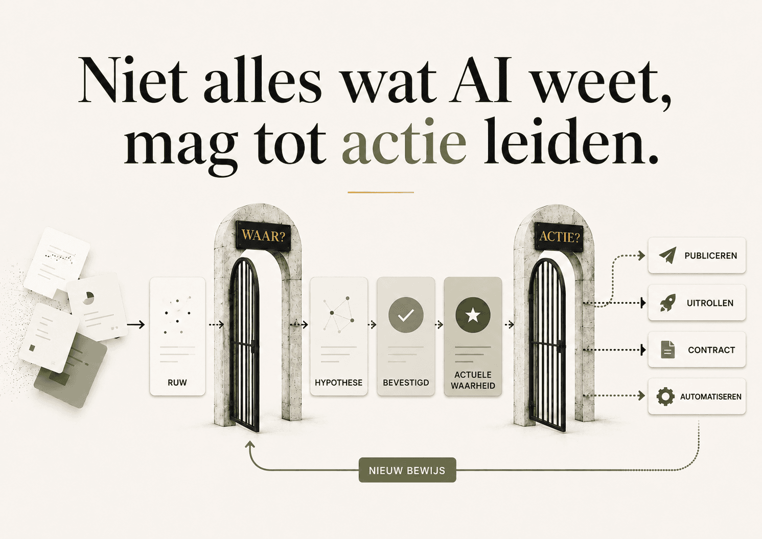 Schema waarin ruwe AI-output eerst door een waarheids- en actiegate gaat vóór publicatie, uitrol, contract of automatisering.