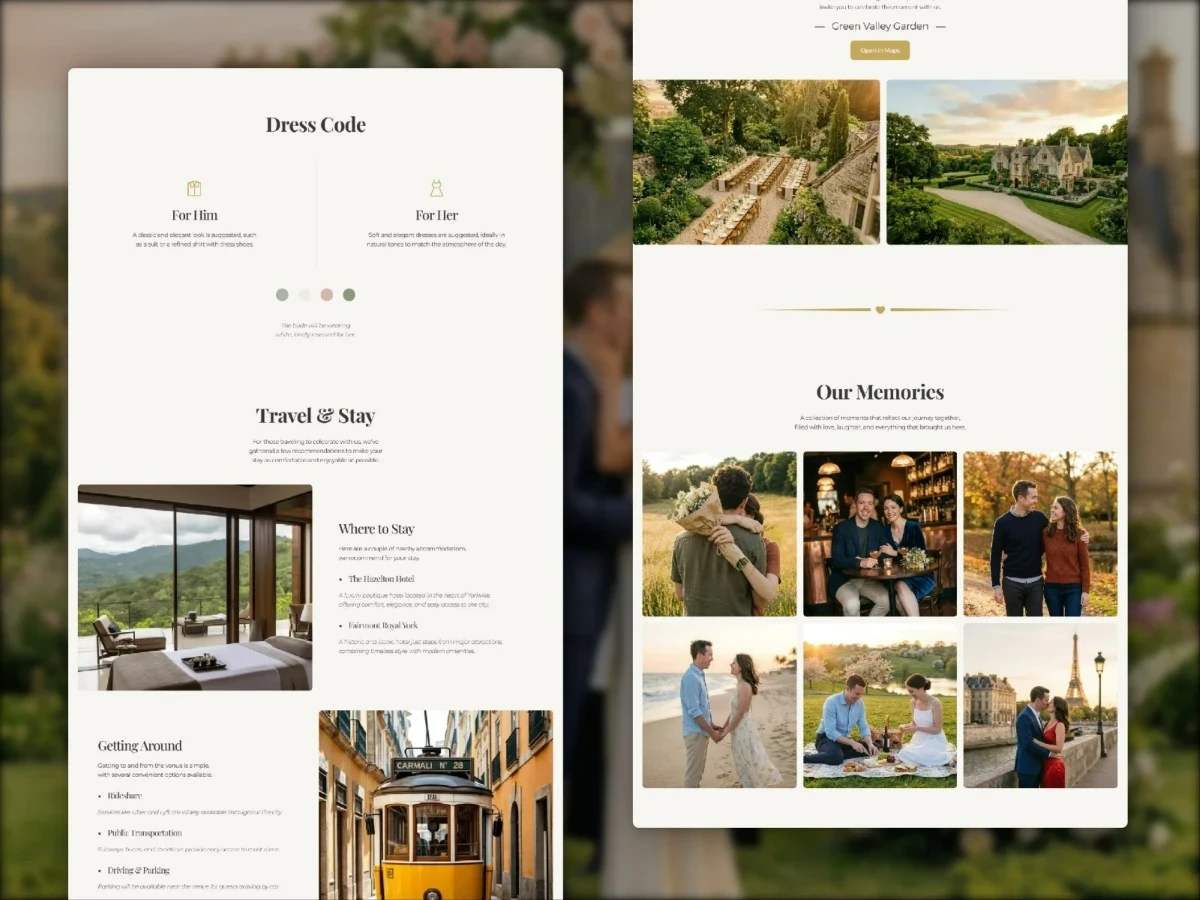 Dress code details and travel recommendations layout within the Lovel Framer template.