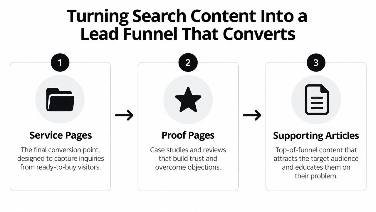 A diagram illustrating a three-step lead generation funnel involving service pages, proof pages, and supporting articles.