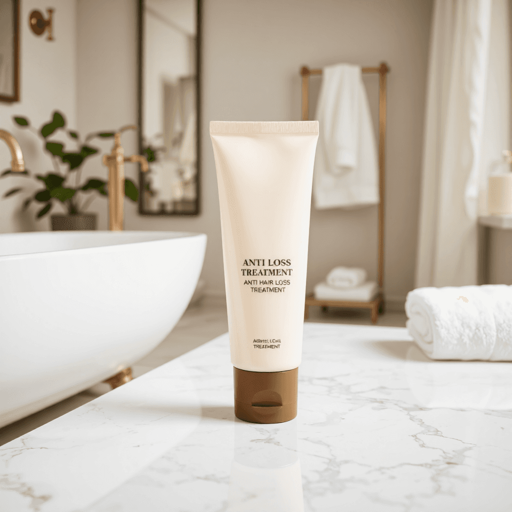 product photography of tube of anti-hair loss treatment