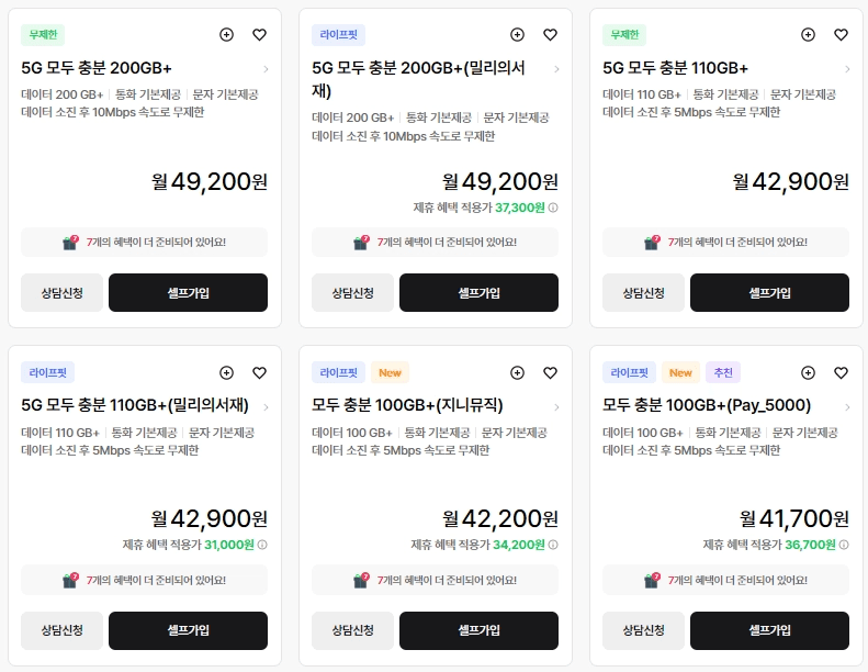 스카이라이프의 5G 및 무제한 알뜰폰 요금제 6종을 비교하는 안내 화면입니다. '5G 모두 충분 200GB+'(월 49,200원), '5G 모두 충분 110GB+(밀리의서재)'(제휴 할인가 31,000원), '모두 충전 100GB+(지니뮤직)'(제휴 할인가 34,200원) 등 다양한 데이터 무제한 상품의 월 기본료와 부가 서비스 결합 혜택, 제휴 할인가 정보를 카드 뉴스로 한눈에 보여주는 이미지입니다.
