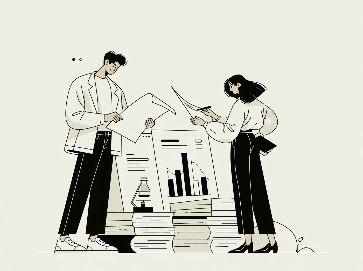 Line illustration of two people reviewing loose report pages beside a bar chart and stacks of ledgers