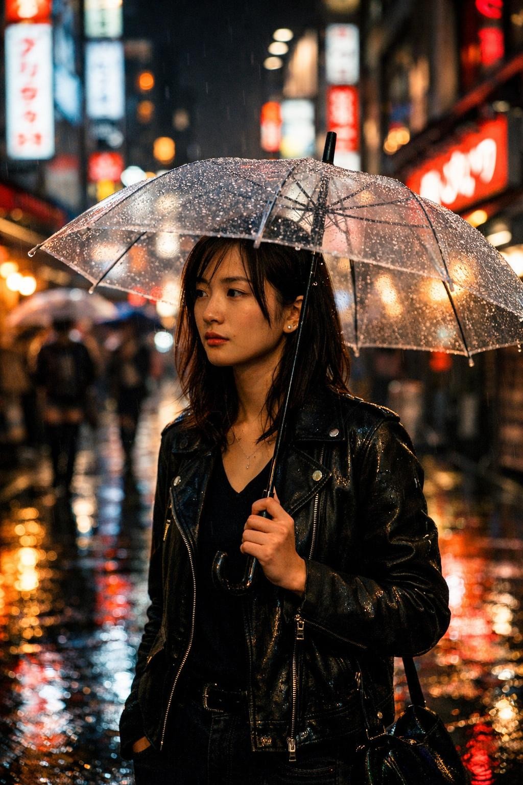 Photorealistic woman in Tokyo rain created with Picyou