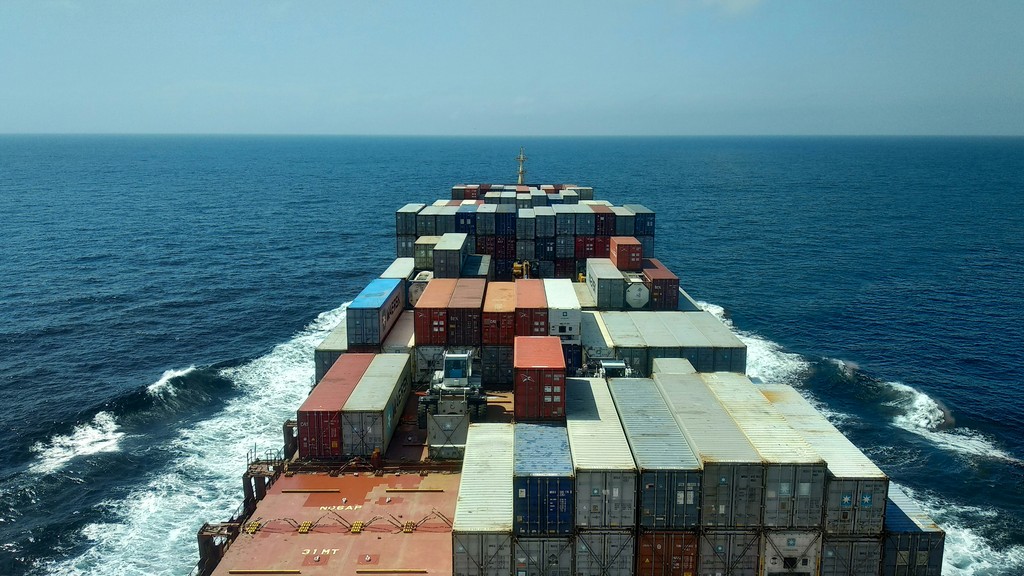 Fully loaded container ship