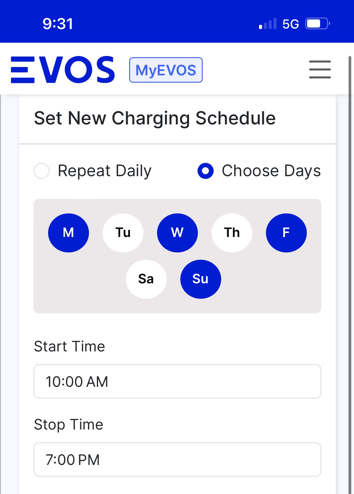 MyEVOS Charging Schedule