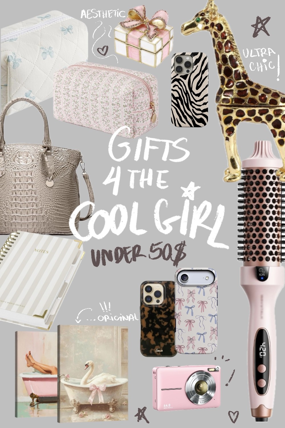 Aesthetic gift guide for cool girls under 50$, showcasing a variety of stylish accessories like bags, hair tools, and home decor items to make every girl’s daily life more fun and chic.