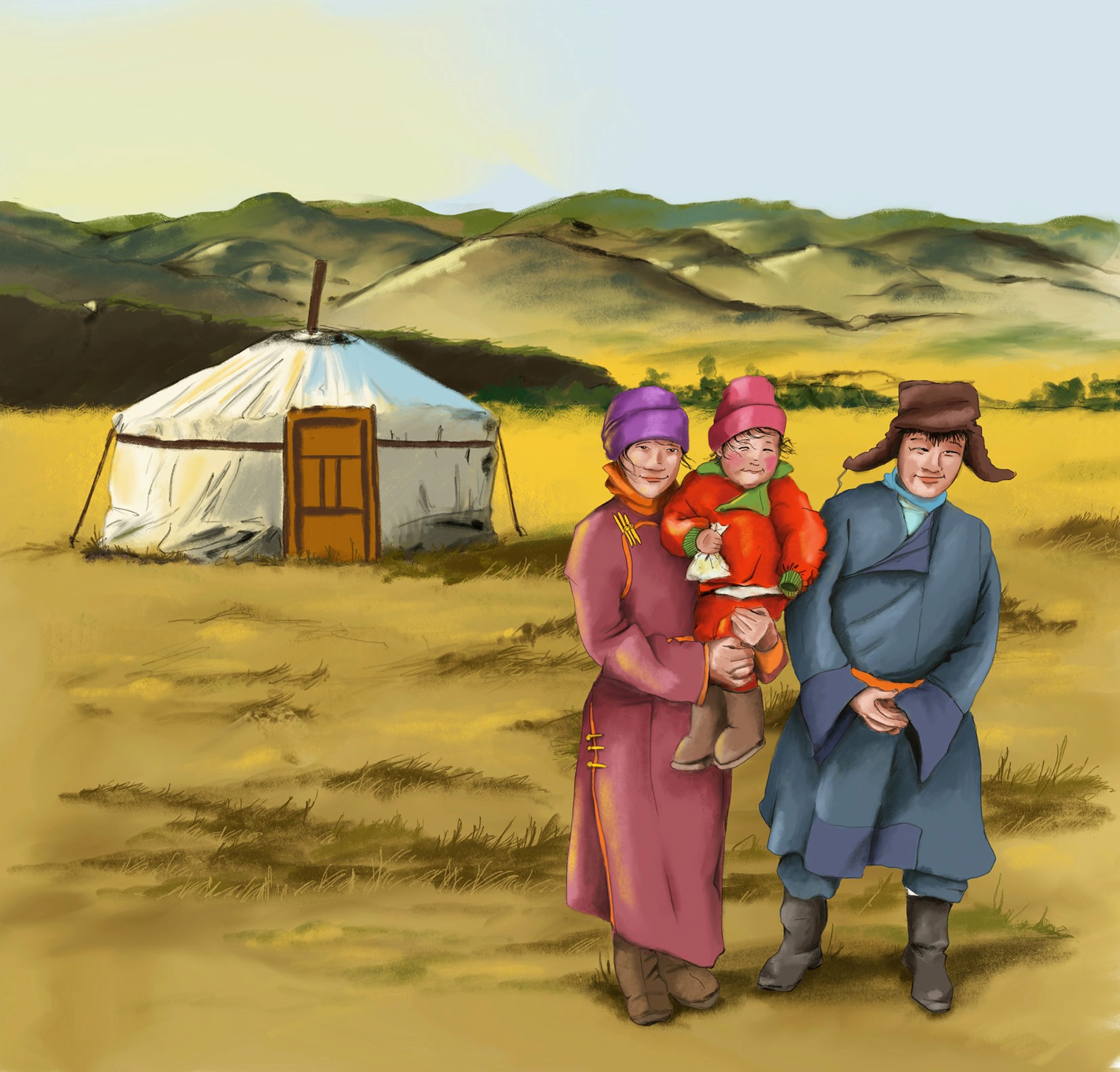 Ein nomadische Familie vor ihrer Jurte im Abendrot in der Steppe