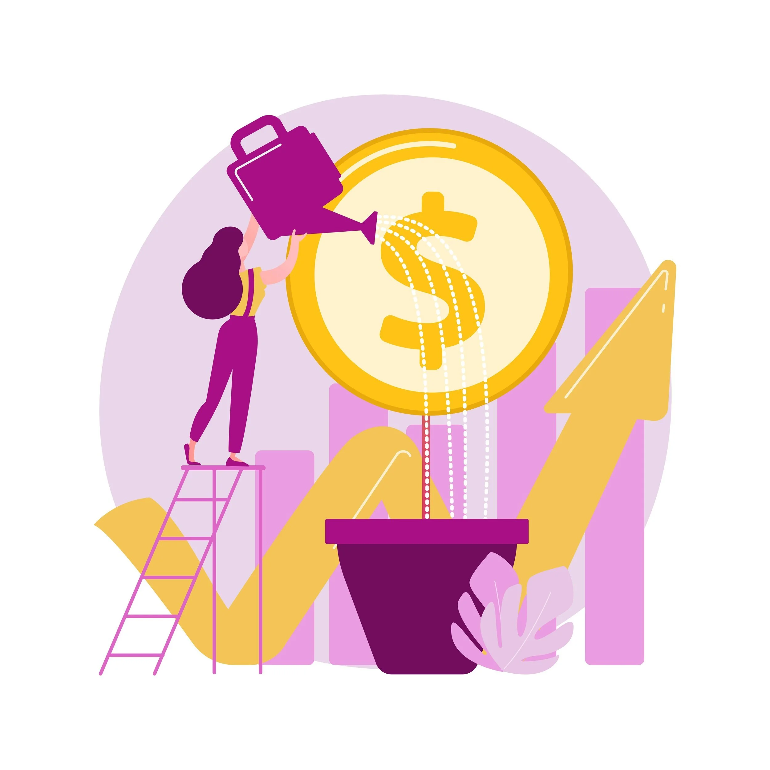 Graphic of woman watering a coin in a potted plant