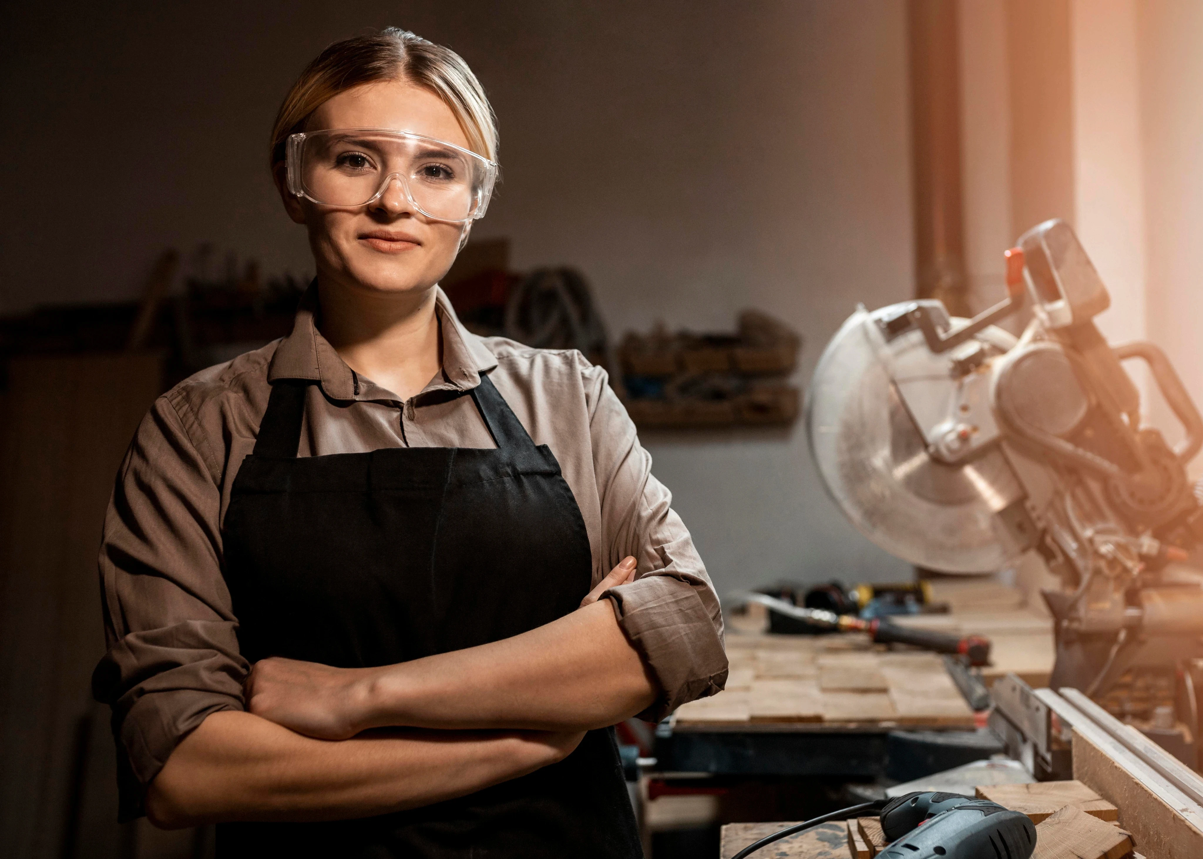 A woman in safety glasses and an apron stands confidently in a workshop, arms crossed. A circular saw sits on a workbench beside her, lit by warm sunlight.